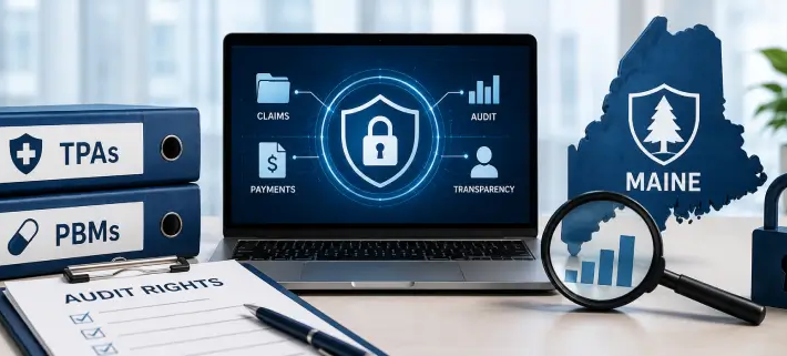 Maine map, TPA and PBM binders, audit rights checklist, and a laptop displaying secure claims data access and transparency. 2026 Maine audit act.