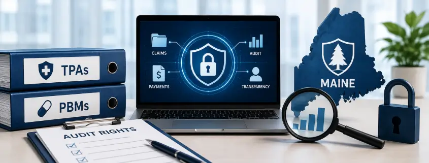 Maine map, TPA and PBM binders, audit rights checklist, and a laptop displaying secure claims data access and transparency. 2026 Maine audit act.