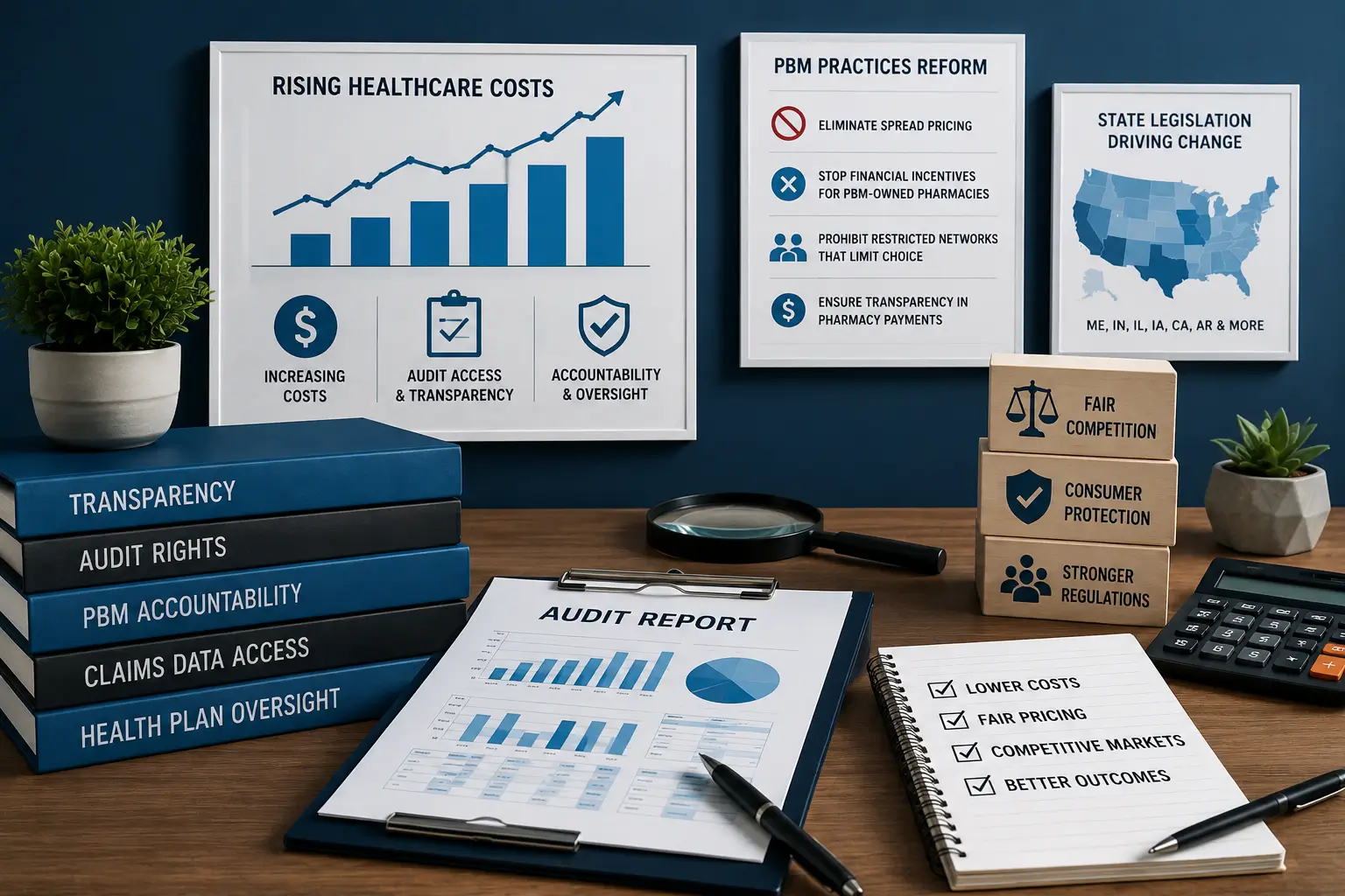 Desk with an audit report, books on health plan oversight, and posters detailing PBM practices reform and state legislation for TPAs and PBMs addressing healthcare costs, anti-competitive practices, PBM transparency, and audit rules for self-funded health plans.